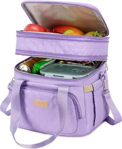 Lunch Bag for Men Women, Dual Compartment Lunch Box Insulated Lunch Tote Bag for Work, Large Leak Proof Lunch Cooler, Adult Double Deck Lunch Bag, For Picnic Beach Hiking, Purple