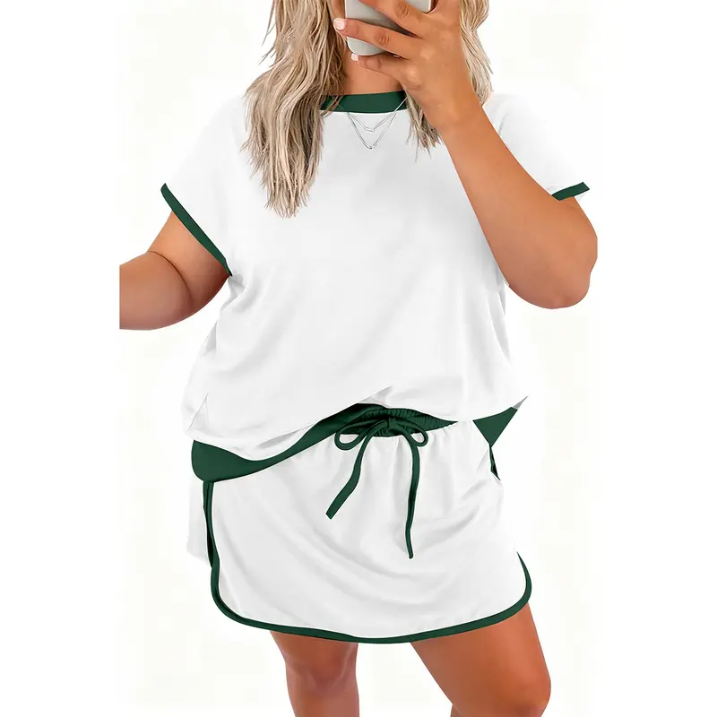 Tankaneo Womens Plus Size 2 Piece Short Sets Short Sleeve Shirts and Skort Set Casual Summer Two Piece Outfits
