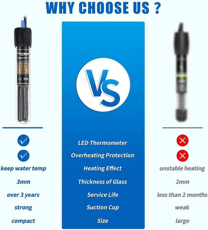 FREESEA 100 Watt Aquarium Fish Tank Heater with Aquarium Submersible Thermometer Marine Aquarium Heater with LED Controller Submersible Quartz Submersible Aquarium Super Mini Stainless Steel