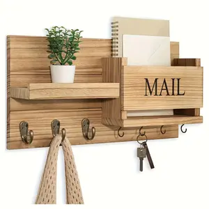 Rustic Brown Wooden Wall-Mounted Key Holder, Waterproof Home Decor Shelves Hook Rack - 0 - 5 Kg Capacity Multifunctional Space-Saving Storage Organizer for Entryways, Living Rooms