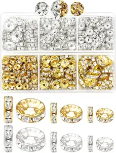 300pcs Rondelle Spacer Beads for Jewelry Making, 6mm, 8mm, 10mm Bead with Holes, Gold & Silver Rhinestone Beads for Beaded Pens, Craft Projects, Bracelets & Necklaces