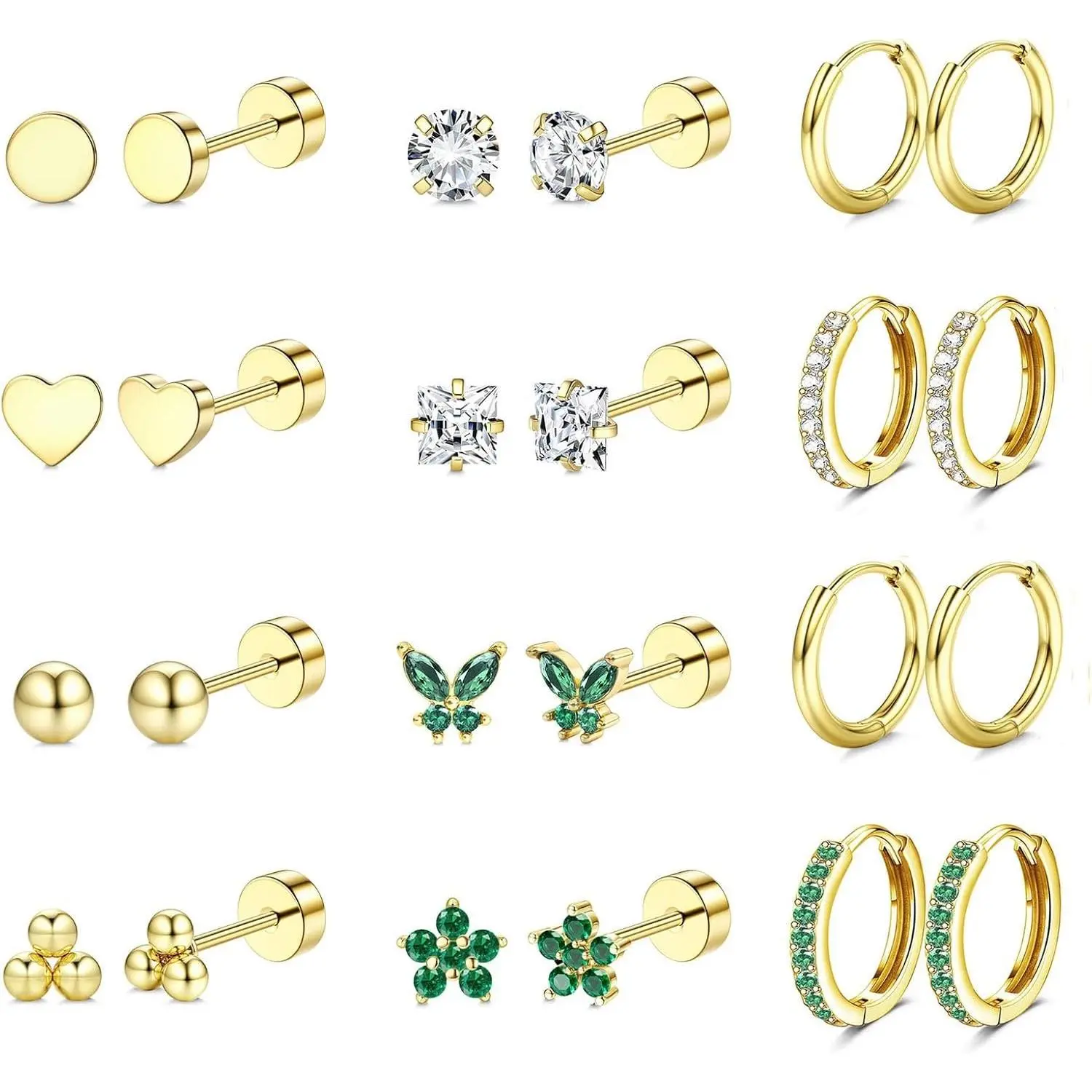 YADOCA 12Pairs Hypoallergenic Flat Back Earrings for Women Men Surgical Stainless Steel Earrings for Sensitive Ears Small Stud 14K Gold Plated Hoop Cartilage Earring Stack Set for Multiple Piercing Jewelry