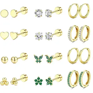 YADOCA 12Pairs Hypoallergenic Flat Back Earrings for Women Men Surgical Stainless Steel Earrings for Sensitive Ears Small Stud 14K Gold Plated Hoop Cartilage Earring Stack Set for Multiple Piercing Jewelry