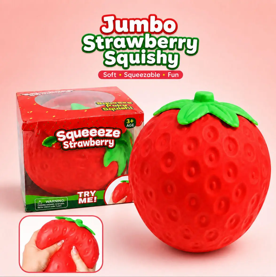 Jumbo Strawberry Squishy Toy, Extra Large 5-Inch Squeeze Stress Ball for Adults and Kids Ages 3+, Soft Fruity Sensory Fidget Toy for Stress Relief, Stretching and Squeezing Play, 1 Count