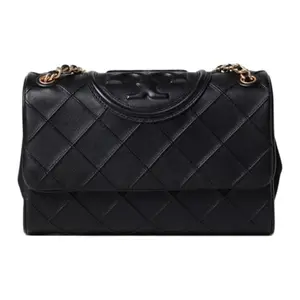 Tory Burch Fleming Double T Logo Diamond Pleated Brushed Chain Nappa Leather Suede Trim Crossbody Shoulder Bag For Women In Black