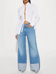 Jeanine Cuffed Wide Leg Jeans - Medium Wash