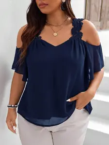 Women's Plus Size Lace Patchwork Chiffon Top, Elegant Off-Shoulder Design, Slim-Fitting Plain Blouse for All Seasons