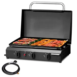 Portable 3-Burner Flat Top Gas Griddle, Cooking Station with Ceramic Coated Cast Iron Pan, 30000 BTU Propane Tabletop Griddle for Outdoor Barbecue, Grilling