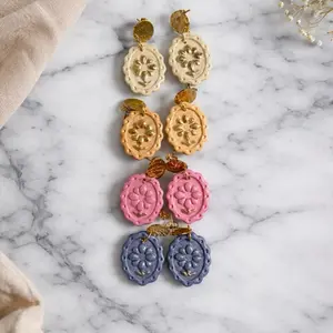 Polymer Clay Earrings Handmade Lightweight Hypoallergenic Nickel Free Jewelry Detailed Flower With Chrome Powder and a Glossy Finish in Pastel Colors