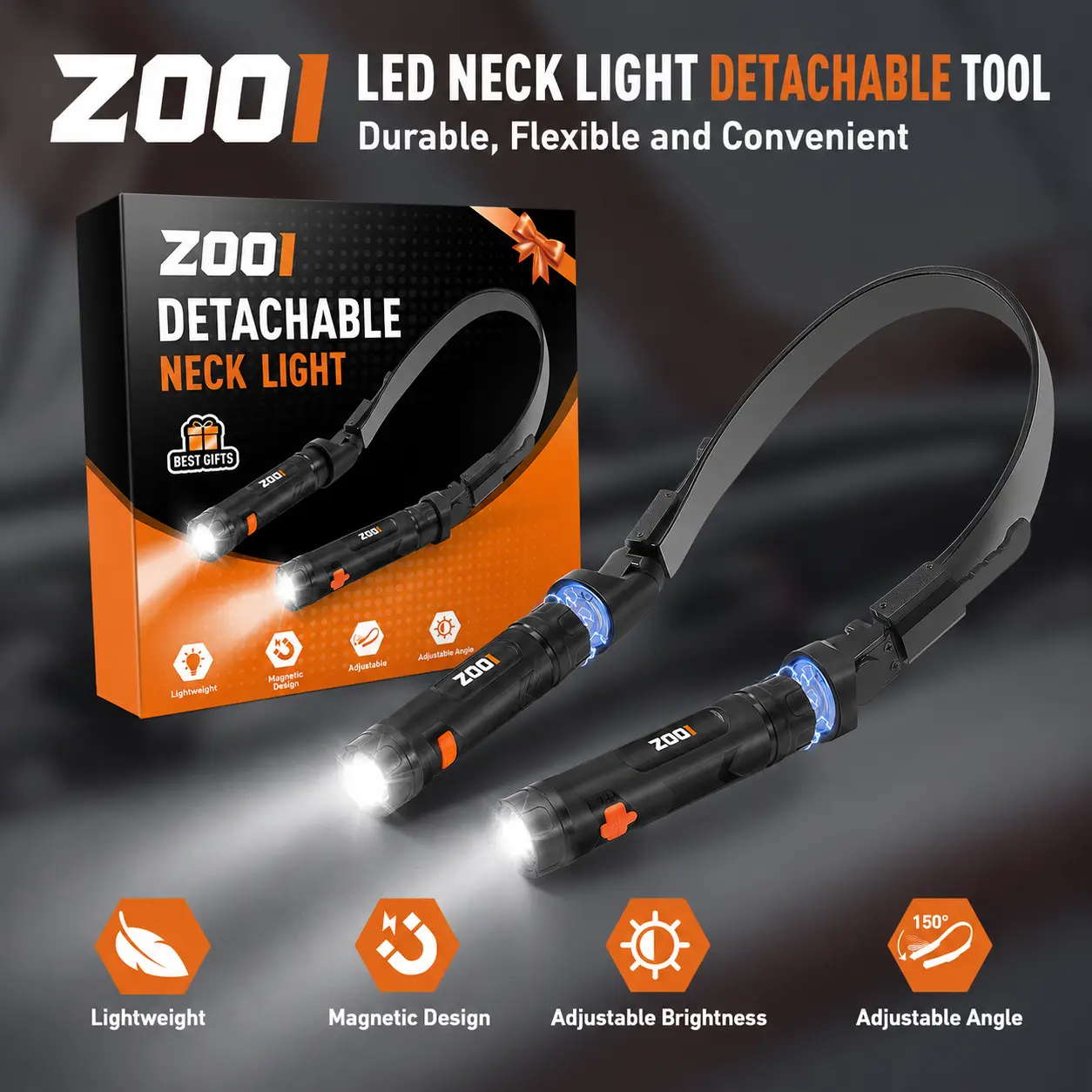 Magnetic Detachable Neck Light, Hands-Free LED Work Lamp for Mechanics, Cool Tools Gadgets, Unique Gifts for Men Dad Husband Boyfriend, Practical Birthday Gift for Him, Portable Flashlight for Camping Repairing
