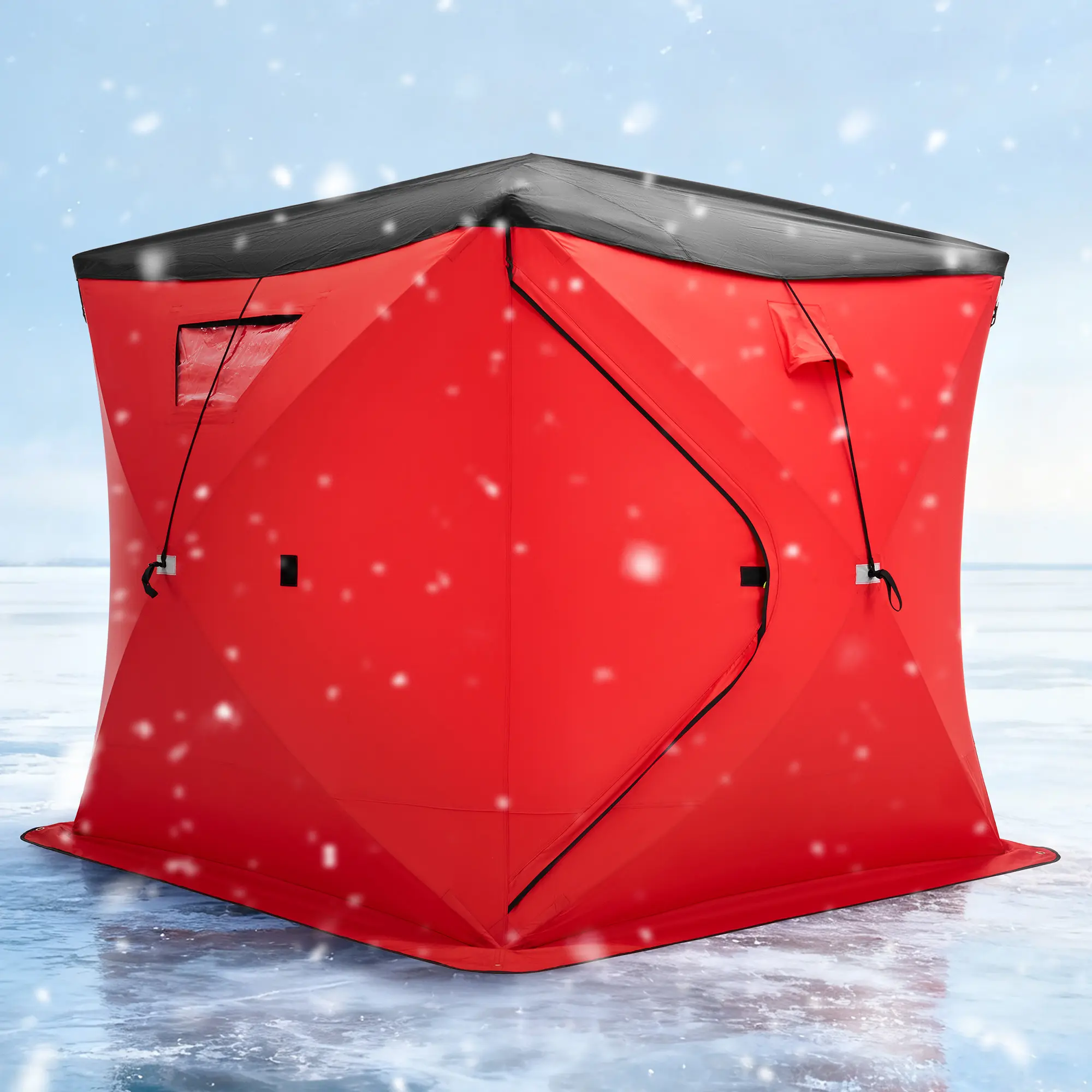 AMERLIFE Insulated Pop-Up Ice Fishing Tent, Ice Shanty with 3-Layer Oxford Fabric, Waterproof Rain Cover, Chimney Vent, Anchors, Ropes, Carry Bag, Insulated and Warm Large Fishing Area, Ice Fishing Gear
