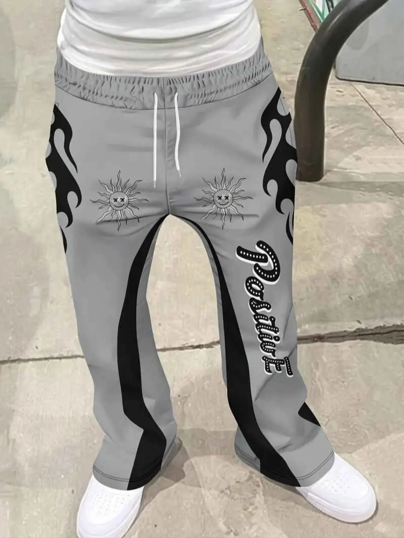 Men's Loose Fit 3D Flame Sun Geometric Print Bell Bottoms, Athleisure Style Bottoms, Casual Athletic Activewear Streetwear Pants, Drawstring Waist Leisure Sweatpants, Training Pants for All Seasons