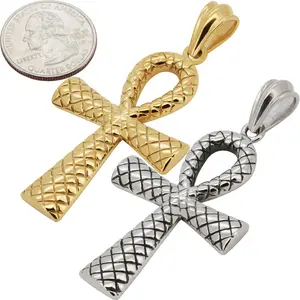 316L Stainless Steel 18k Yellow Gold Plated Quilted Ankh Cross Pendant