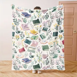 Book Lover Flannel Throw Blanket, Delicate Watercolor Book & Wildflower All-Over Print, Super Soft Fleece Blanket for Reading Nook & Bedroom, Stylish Literary Home Decor