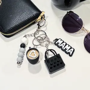 ShrinkThings Mama Keychain Set with 3D Printed Heart Coffee Mug, Tote Bag & Unique "Mama" Design, Includes Decorative Silicone Beads. Beaded Charms