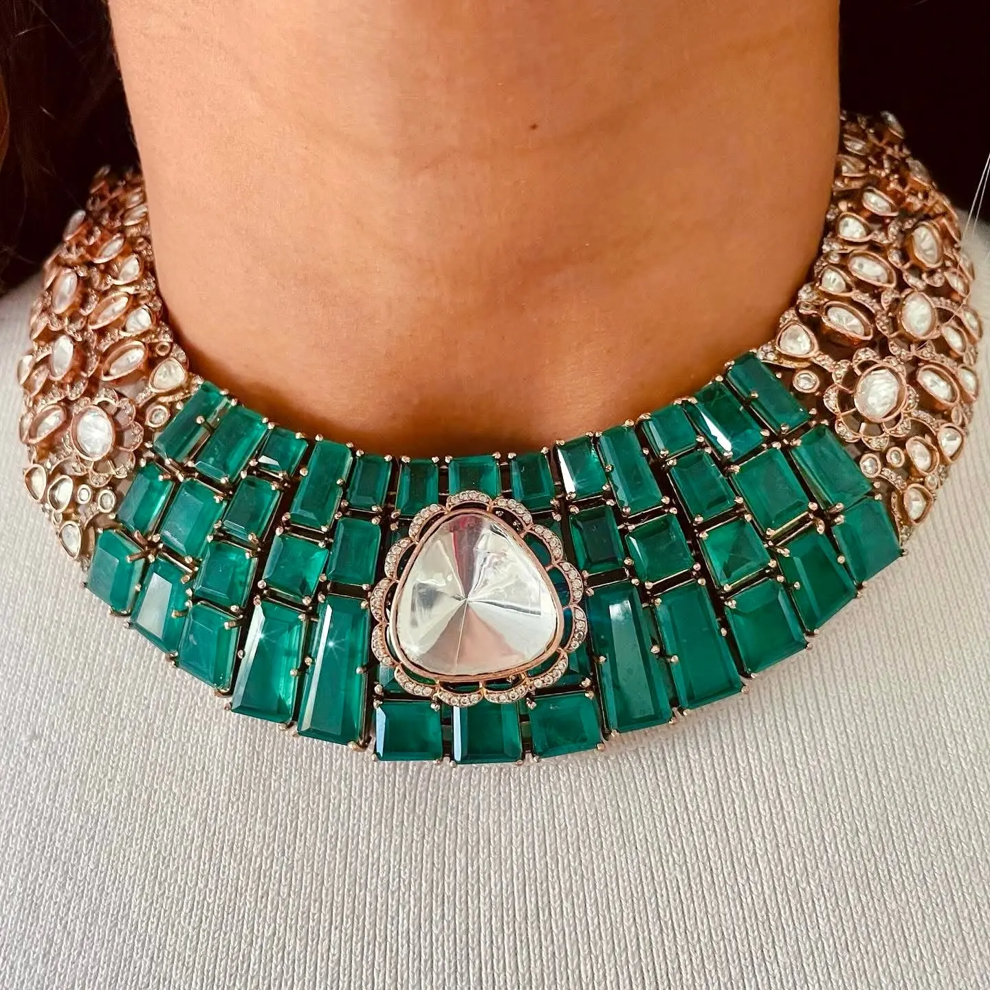 Emerald Green Doublet & Moissanite Polki Statement Necklace (No Earring)