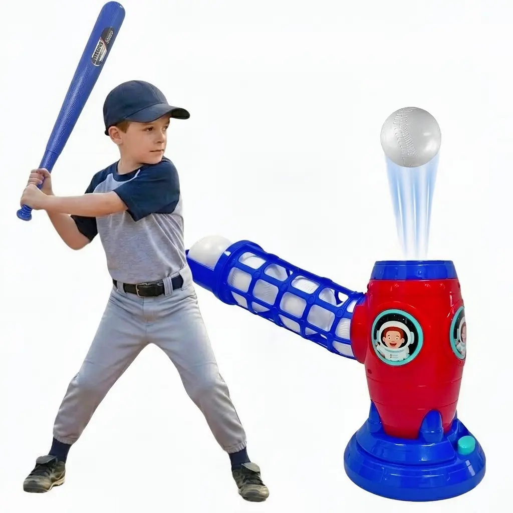Kids Automatic Baseball Pitching Machine Set - Phthalate-Free Automatic Launch Electronic Launcher, 22-in Collapsible Bat, 10 Balls, Unisex Backyard Baseball Training Interactive Toy for Ages 3+, Skill-Improving Outdoor Birthday Gift