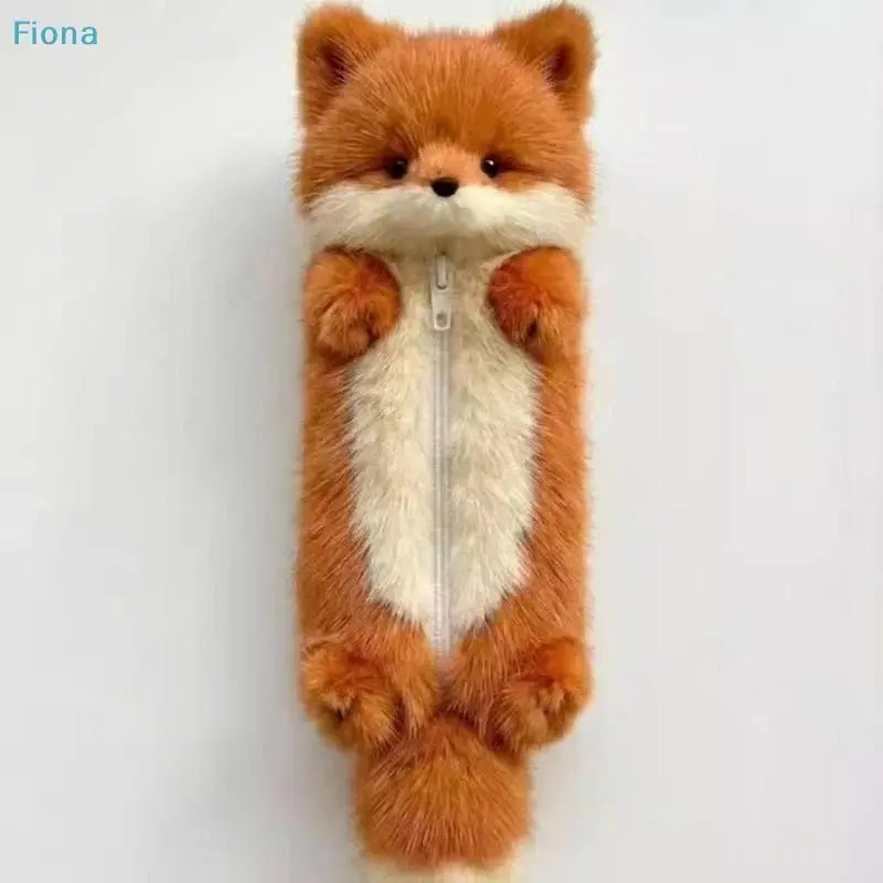 Cute Plush Fox Pencil Case,Fluffy Animal Stationery Pouch with Zipper,Kawaii Pen Bag for School,Office