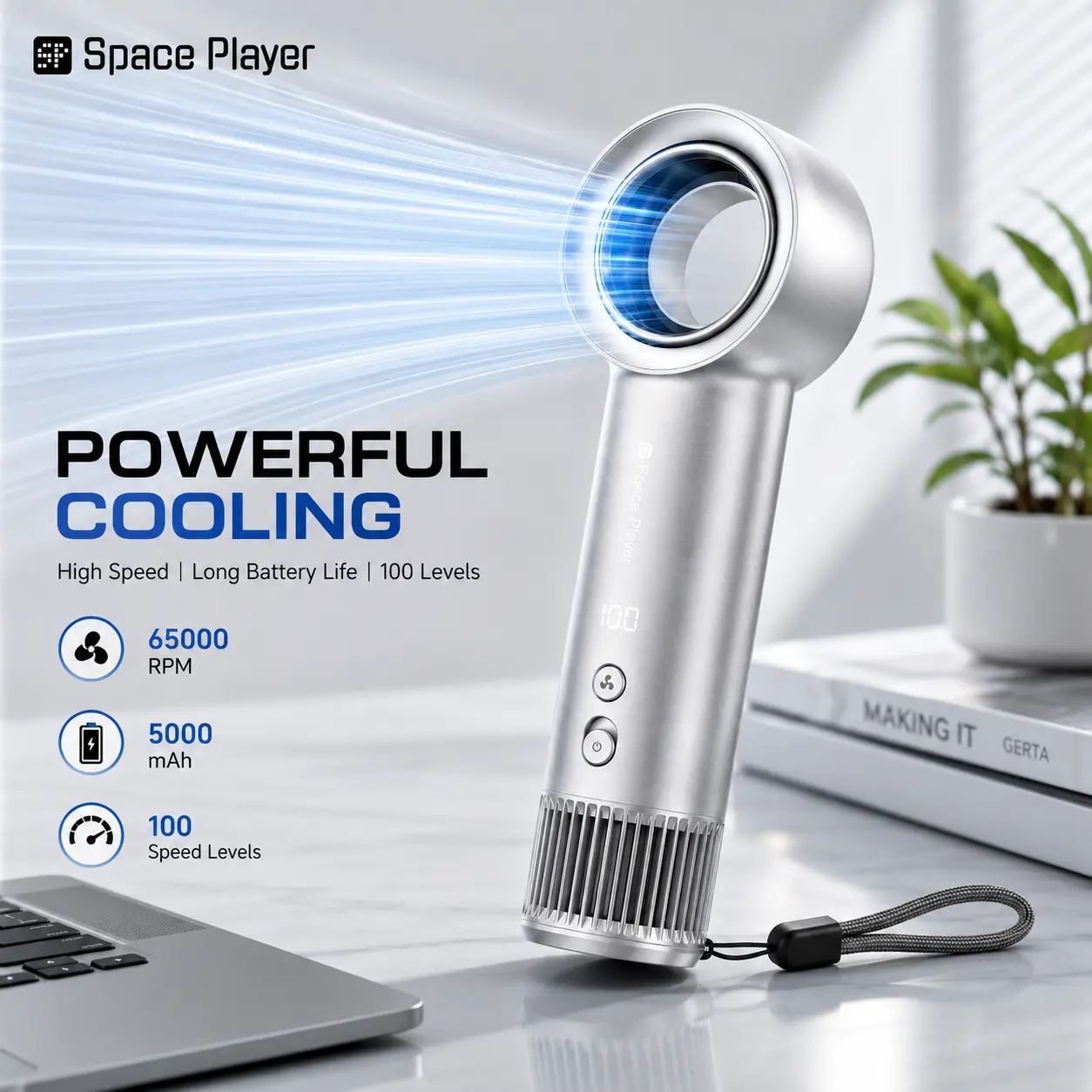 Space Player Bladeless Handheld Fan Portable, High Speed Turbo Airflow Mini Fan with Powerful Brushless Motor, Rechargeable Battery,Digital Display USB-C Personal Cooling Fan for Travel Outdoor Office