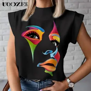 UOOZEE-LIVE women's summer comfortable casual cap sleeve loose 3D human face print high collar T-shirt top daily casual comfortable breathable cute shirt women's T-shirt multi-color