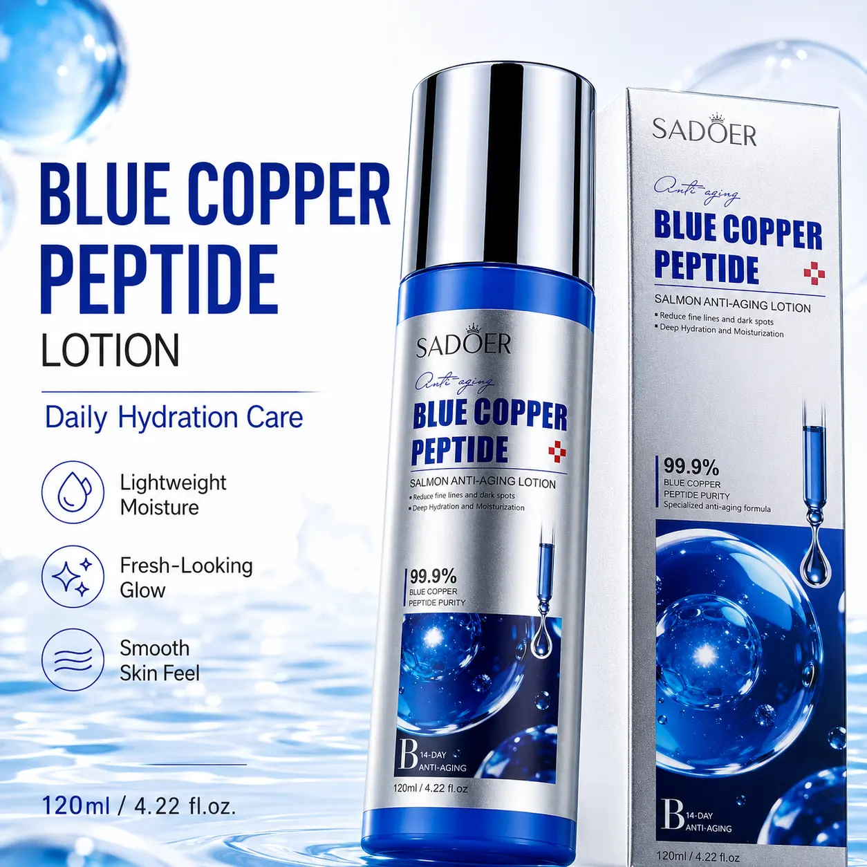 GHK-Cu Blue Copper Peptide Lotion for Face, Lightweight Facial Moisturizer with Hyaluronic Acid, Glass Skin Hydration, Barrier Care, Smooth-Looking Skin, Non-Sticky Daily Lotion for Dry, Dull & Combination Skin, Korean-Inspired Skincare