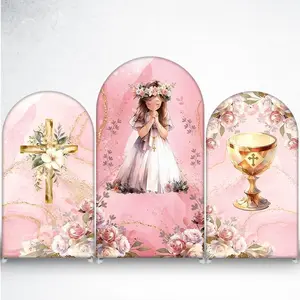 15-day 2D Flat Delivery  Pink Floral First Communion Arch Backdrop Cover with Cross and Chalice for Girl Ceremony
