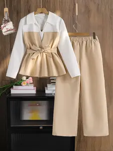 Girls' Contrast Woven Long Sleeve Shirt Top Fitted & Elastic Waist Pants Clothes Set Outfit, Casual Fashion for Daily Wear & Street Style