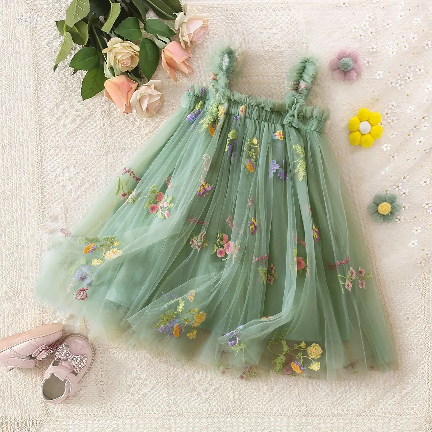 1 to 5 Years Summer Dress for Baby Girls Flower Cute Mesh Dress Birthday Party Princess Tulle Girl's Dress Suspender Kids Casual Clothes