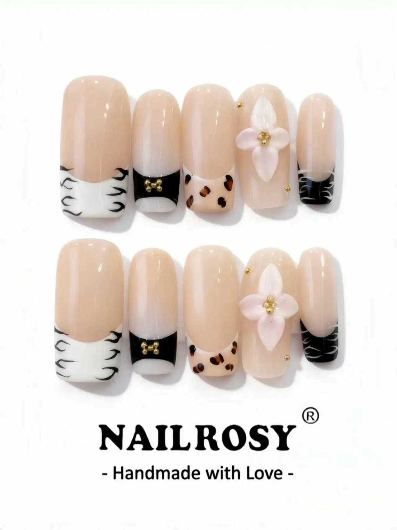 nailrosy Handmade Press On Nails, 10 Pcs Medium Square Hand-Painted Floral Acrylics, Reusable DIY Nail Art Kit, Acrylic Press On Nails