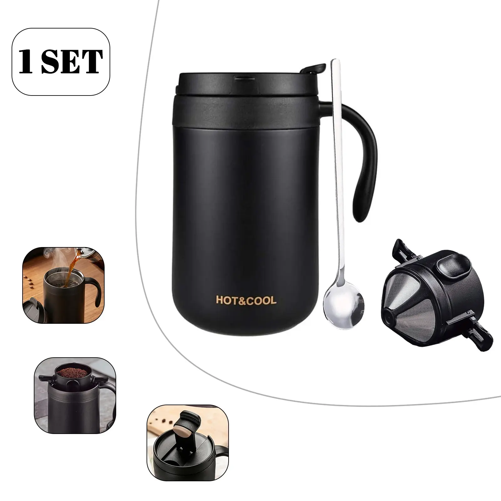Portable Hand-Brew Coffee Set, Stainless Steel Insulated Cup Tumbler, Outdoor Travel Coffee Kit, Foldable Filter, Reusable Mesh, Coffee Spoon