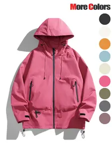 Unisex Solid Color Drawstring Zip Up Hooded Jacket, Loose Casual Comfy Waterproof Windproof Long Sleeve Zipper Pocket Design Outerwear for Daily Wear, Fashion Clothes for All Seasons Coats