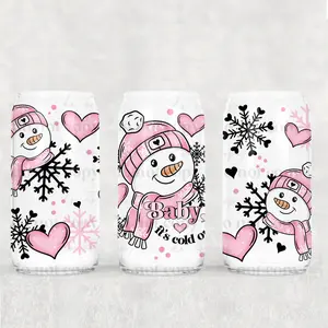 Pink Winter Snowman  glass cup with LID, Winter  Mug, Christmas snowman  Tumblers Bamboo Drink ware Lid