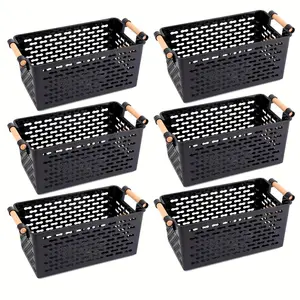 Stackable Durable Plastic Storage Baskets Set of 6 with Handles Open Top Ventilation Holes for Home Office Closet Bathroom Organization