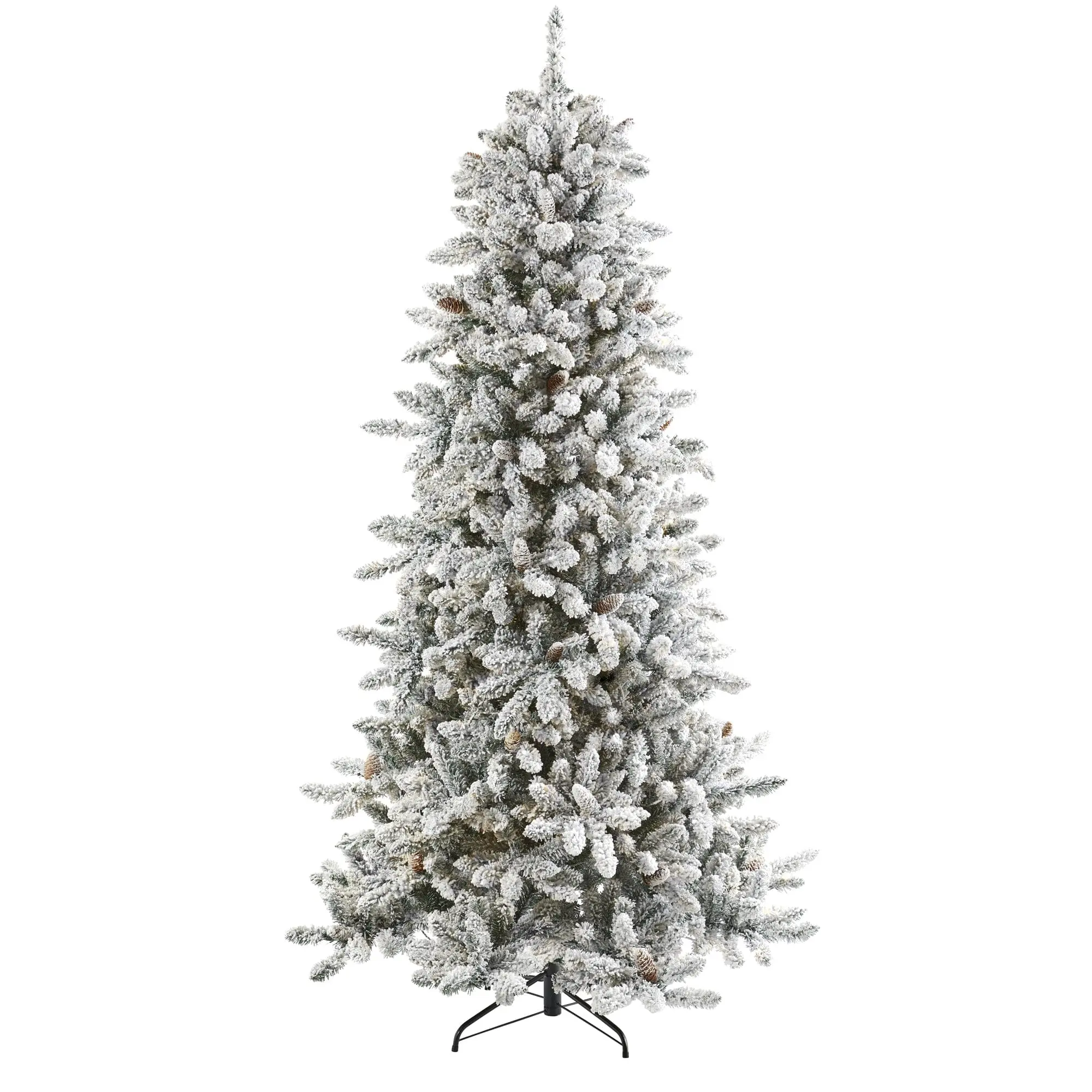 7.5’ Flocked Livingston Fir Artificial Christmas Tree, Floor Standing Holiday Ornament, Party Decor with 1336 Bendable Branches and Pine Cones
