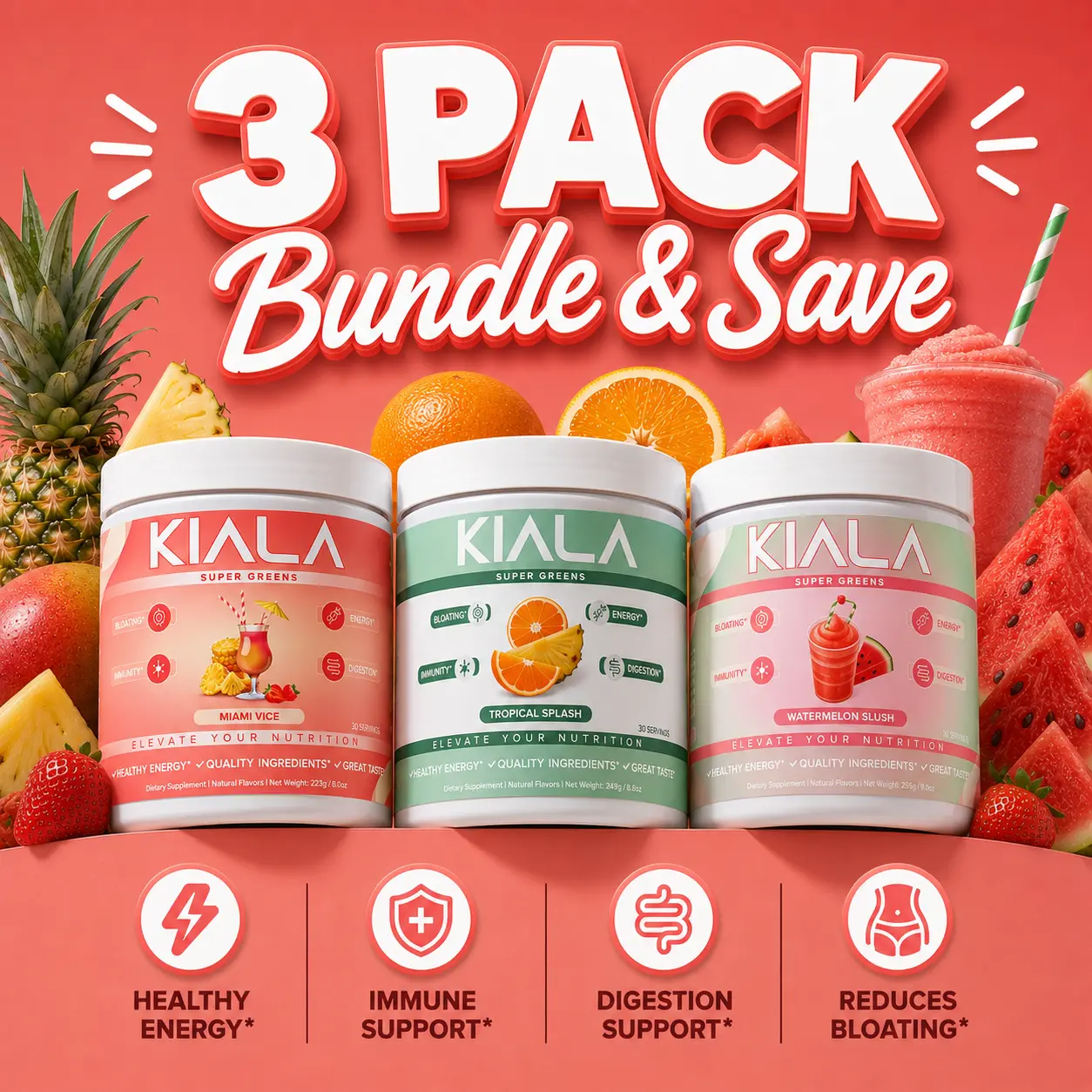 Kiala Super Greens Best Seller 3-Pack | Miami Vice, Tropical Splash & Watermelon Slush | 90 Servings Total | Best selling flavors
