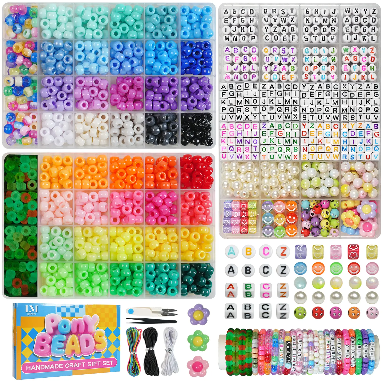 DIY Beading Jewelry Making Kit (3 Boxes) - 2400Pcs 55 Vibrant Colors Pony Beads, Alphabet Charms, Elastic Strings, Birthday Gifts for 10-12 Girls, Bead Kits For Bracelet Making, Mixed Beads Charms