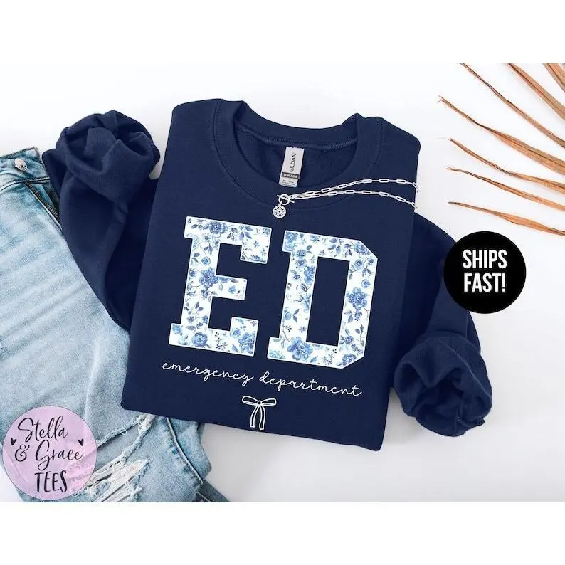 Blue Toile Emergency Department T-Shirt / Sweatshirt / Hoodie,  ER Nurse , Unisex Cotton Fabric, Cute ED Crewneck, Emergency Room Apparel COU