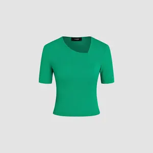 Cider [3 colors, size 2-26] Asymmetrical Neck Solid Short Sleeve Knitted Tee