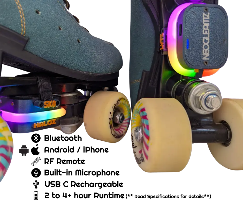 Neogleamz SK8Lytz HALOZ Rechargeable Bluetooth Music ARGB LED Quad Roller Skate Lights with 100+ Modes & 20+ Music Modes App Enabled USB C Charging 2-6+ Hours Battery Lif