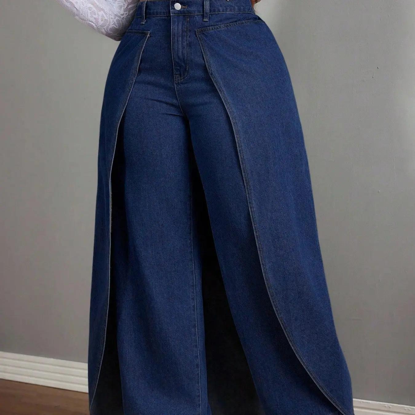 Women's Plus Size Two-Piece Denim Jeans, Casual Faux Two-Piece Design, Comfortable and Stylish Jeans for Everyday Wear, Pants, Womenswear