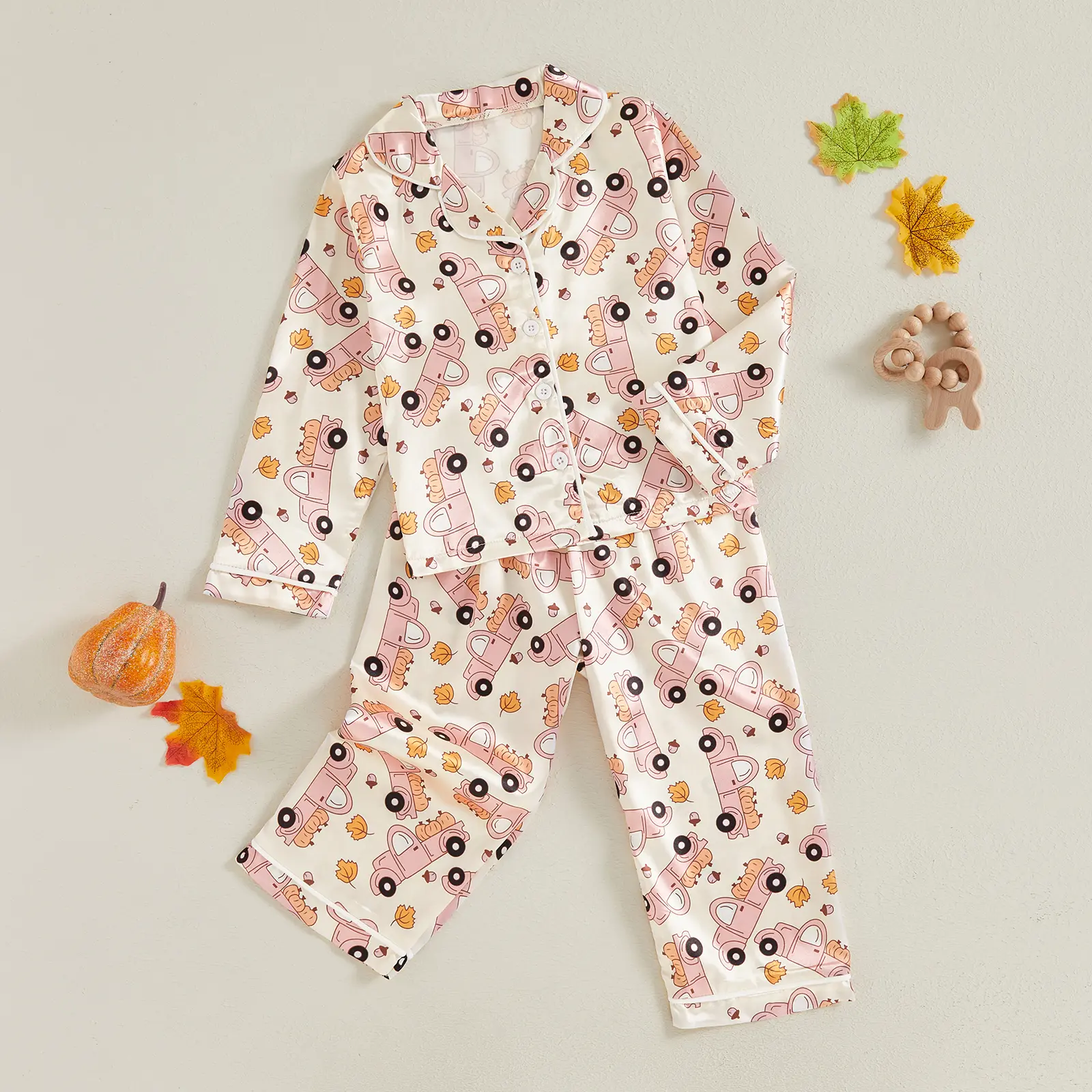 Little Girl Boy Fall Pajamas Set Tractor/Dinosaur Print Long Sleeve Lapel Tops with Pants Satin Sleepwear Clothes Toddler Pjs