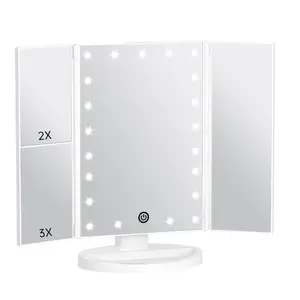 Lighted Makeup Mirror, 21 Bright LED Lights, 3x/2x/1x Magnifying Trifold LED Vanity Mirror, Touch Control Dimmable Brightness,180 ° Rotaion
