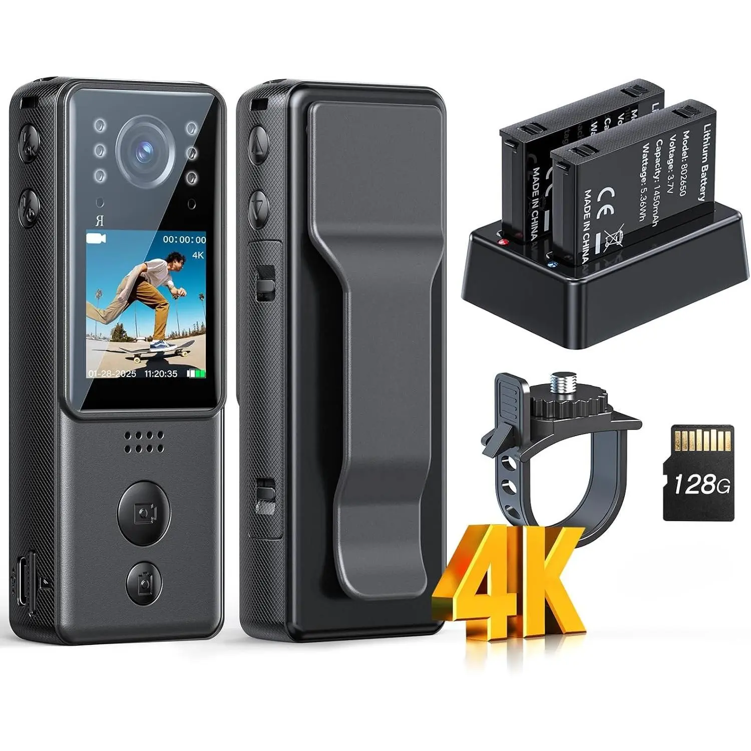4K Mini  Camera with Video and Audio 128G, 2X 1400mAh &  Dock, A29  Wearable Camera with Night Vision &  Mount for , Vlogging, , Cycling, Daily Recording