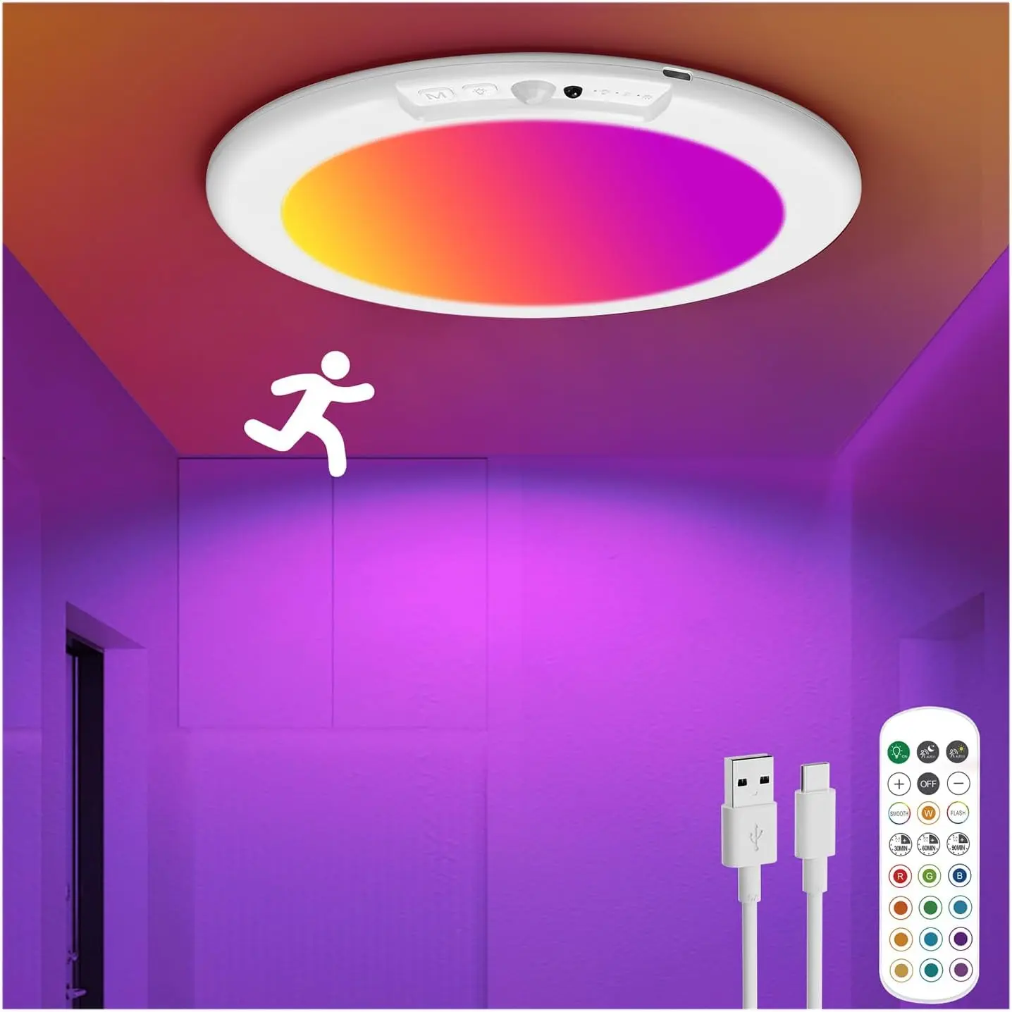 Rechargeable Motion Sensor LED Kitchen Ceiling Light with Remote Control - Wireless Type-C Battery-Powered, 0.55in Thin Mount, 13-Color Changing LED Lights, 3 Modes, 0.6 lb, 4000mAh, 500 Lumens, 4-6 Hr Runtime, 7.5*7.5in, 16-26 Ft Range, for Closet, Loft,