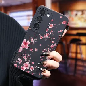 Pink Plum Blossom High Quality Protective Phone Cases, Soft to Hold, Compatible with Samsung Galaxy S24/S23/S22/S21 And Other Series, Black Background Color, Shock Absorbing, Anti Slip, Lightweight, Durable And Stylish