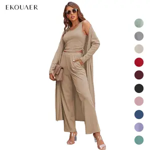 EKOUAER  Women's 3 Piece Knit Lounge Set Long Sleeve Cardigan Sleeveless Top Pants Sweatsuit S-XXL