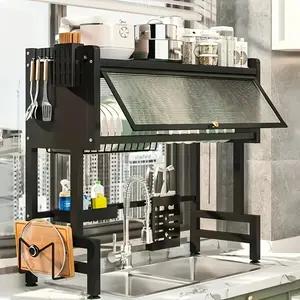 Multi-layer 85cm Kitchen Dish Rack, Large Capacity, Dustproof, Integrated Storage for Chopsticks & Knives, Automatic Drainage, Matte Black, Sturdy & Heavy-duty