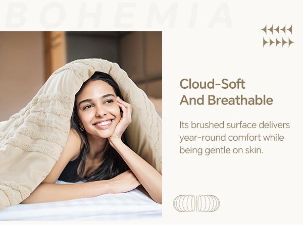 BEDELITE Boho Comforter Set, Tufted Striped Bed Set  Soft Vintage Farmhouse Comforter for All Seasons, Boho Home Decor Fluffy Jacquard Bedding Pillow Shams