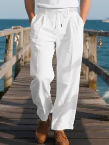 Men's solid color loose casual linen hip hop beach sports wide-leg casual trousers, Casual loose fit, comfortable fabric, business casual essential, daily home, outdoor leisure activities, skin-friendly and breathable