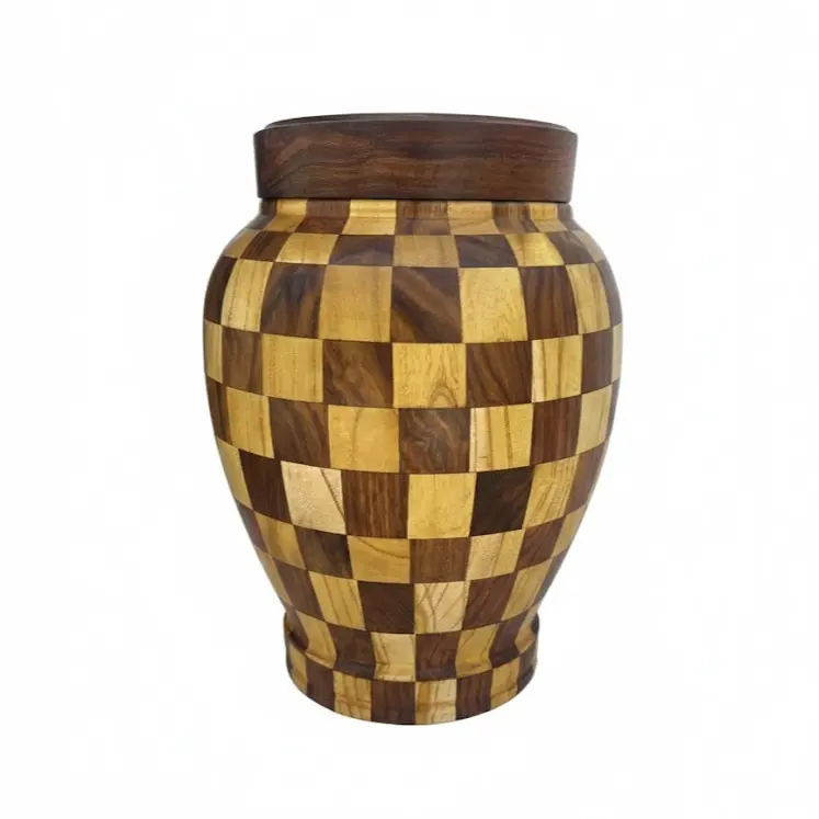 Handcrafted Checkered Wood Vase with Lid — Rosewood & Maple Patchwork Decorative Jar, Polished Wooden Canister for Shelf, Mantel & Console Table Décor